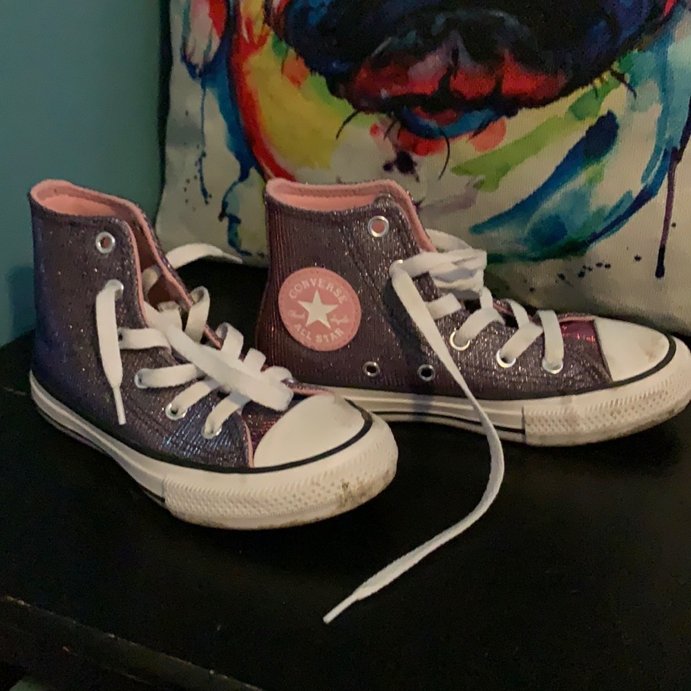 SOLD - Lightly worn sparkly purple converse high tops